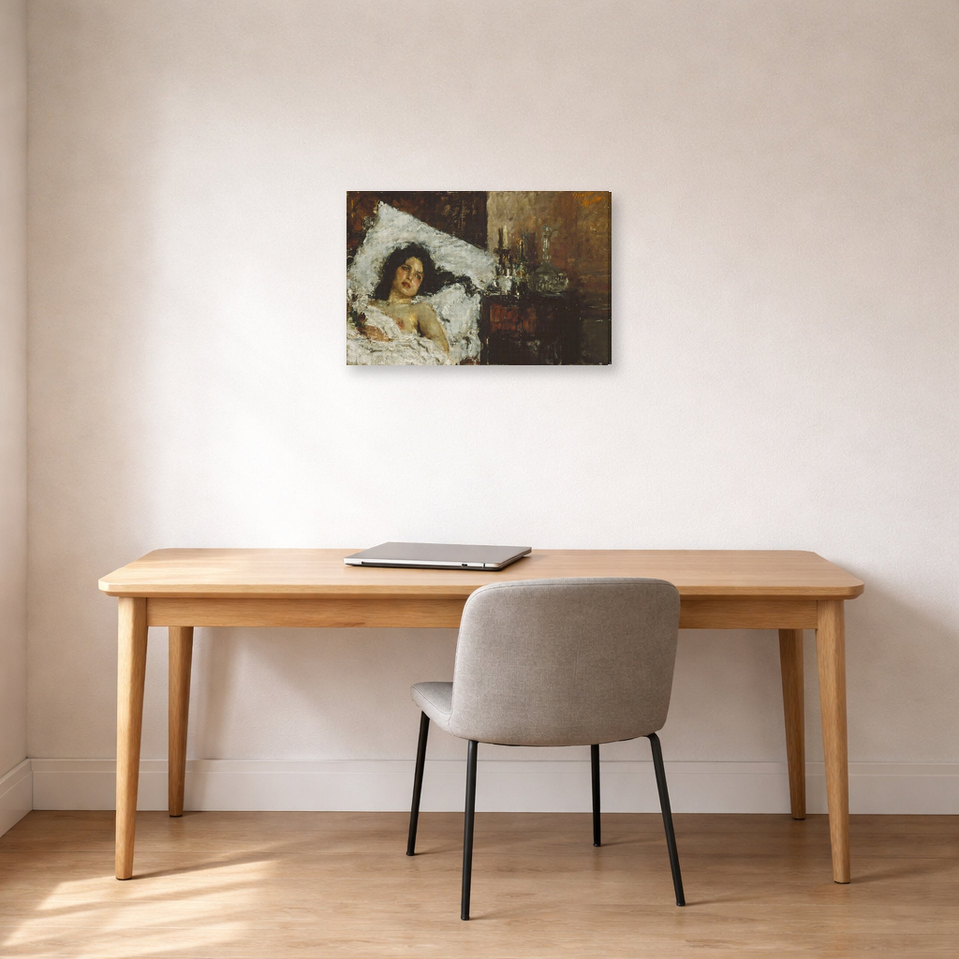 Gallery-wrapped canvas print of Antonio Mancini's Resting displayed on a wall in an office