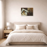 Unframed poster print of Antonio Mancini's Resting displayed on a wall in a bedroom