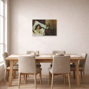 Unframed poster print of Antonio Mancini's Resting displayed on a wall in a dining room