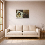 Unframed poster print of Antonio Mancini's Resting displayed on a wall in a living room