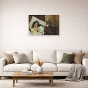 Unframed poster print of Antonio Mancini's Resting displayed on a wall in a living room