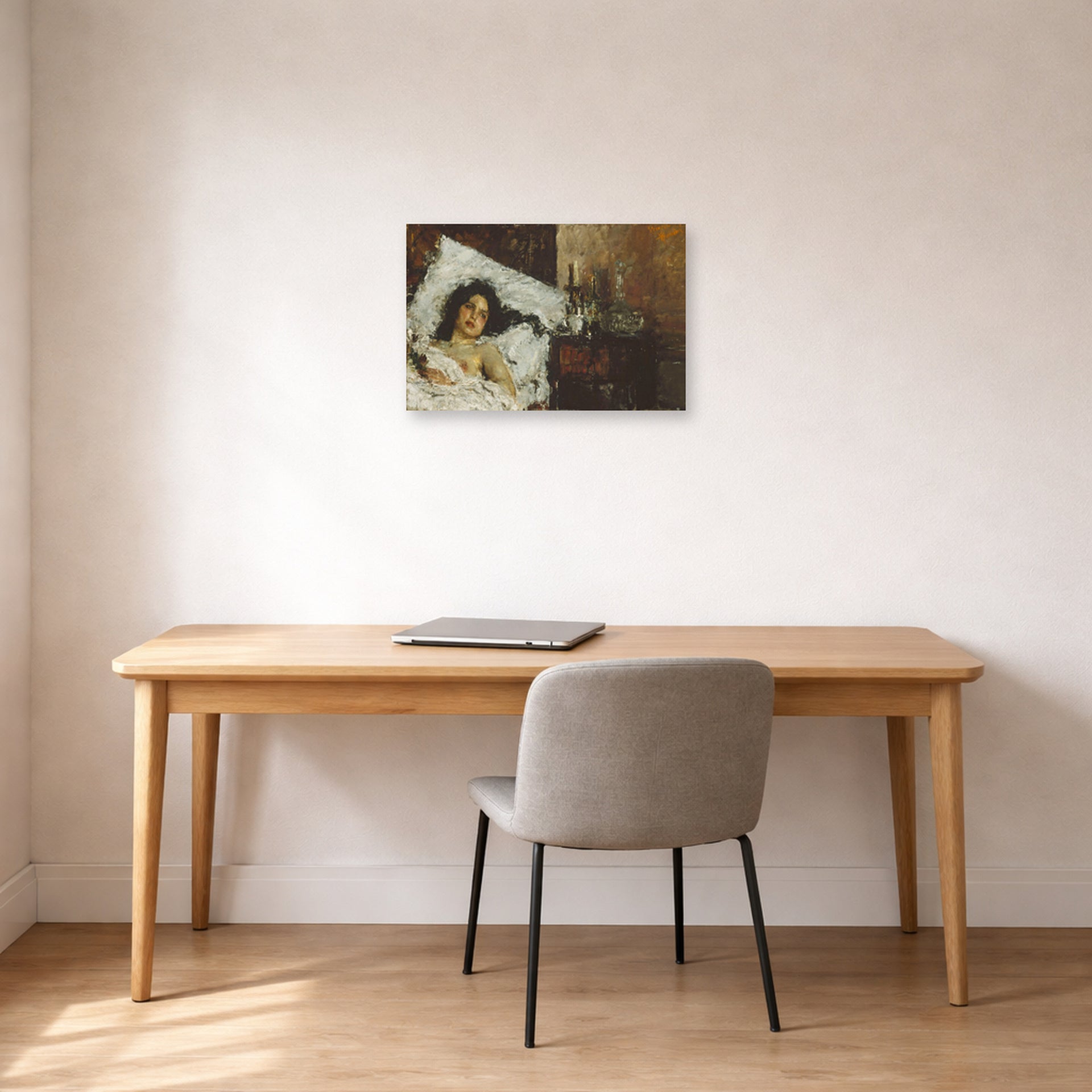 Unframed poster print of Antonio Mancini's Resting displayed on a wall in an office