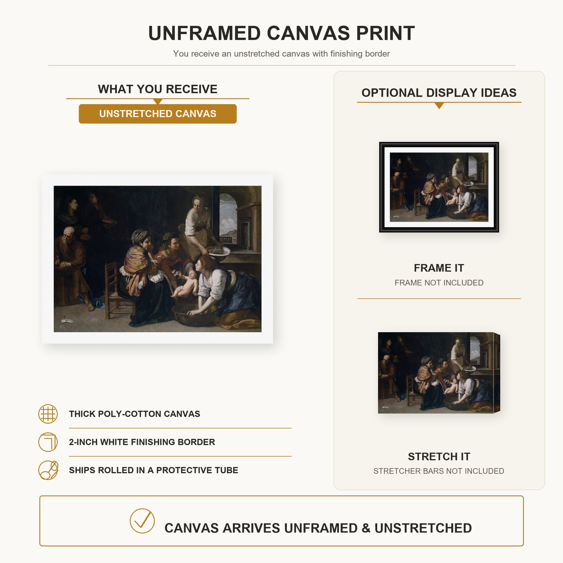 Artemisia Gentileschi - Birth of Saint John the Baptist canvas print size comparison and framing display infographic
