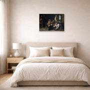 Gallery-wrapped canvas print of Artemisia Gentileschi's Birth of Saint John the Baptist displayed on a wall in a bedroom