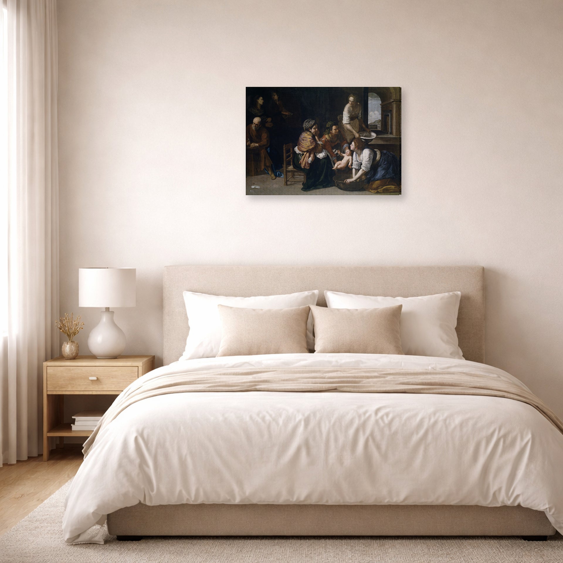 Gallery-wrapped canvas print of Artemisia Gentileschi's Birth of Saint John the Baptist displayed on a wall in a bedroom