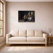 Gallery-wrapped canvas print of Artemisia Gentileschi's Birth of Saint John the Baptist displayed on a wall in a living room