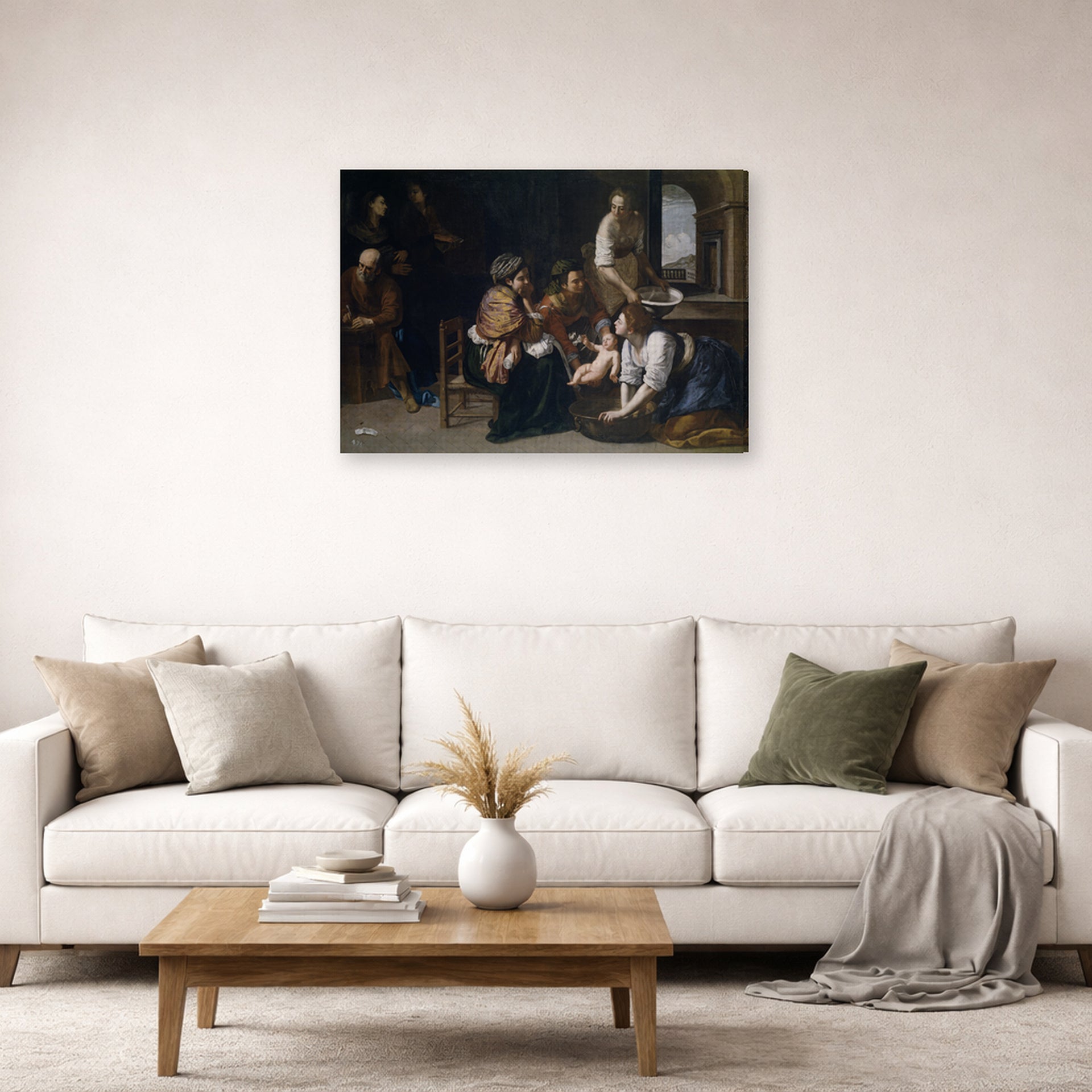 Gallery-wrapped canvas print of Artemisia Gentileschi's Birth of Saint John the Baptist displayed on a wall in a living room