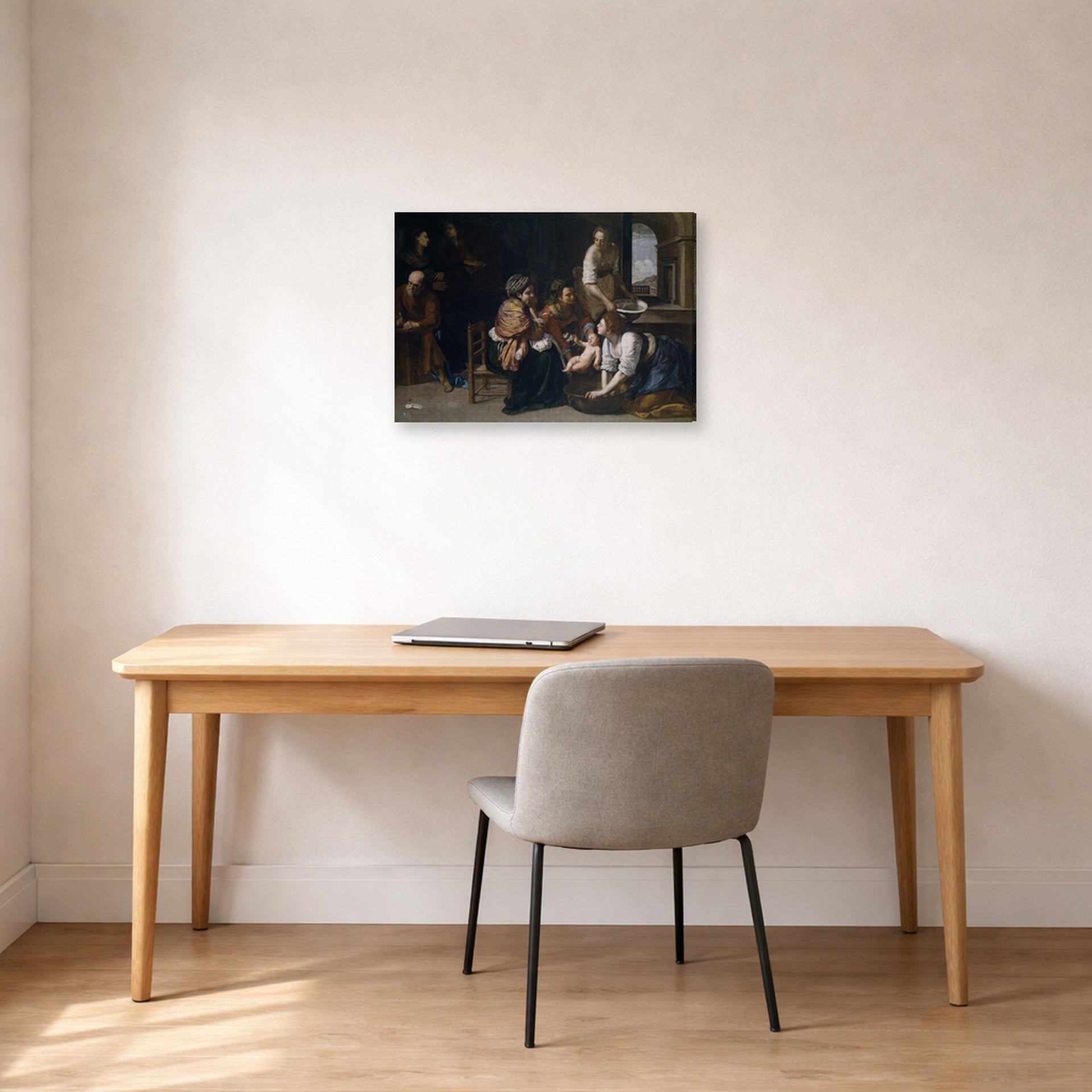 Gallery-wrapped canvas print of Artemisia Gentileschi's Birth of Saint John the Baptist displayed on a wall in a home office