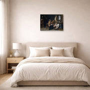 Unframed poster print of Artemisia Gentileschi's Birth of Saint John the Baptist displayed on a wall in a bedroom