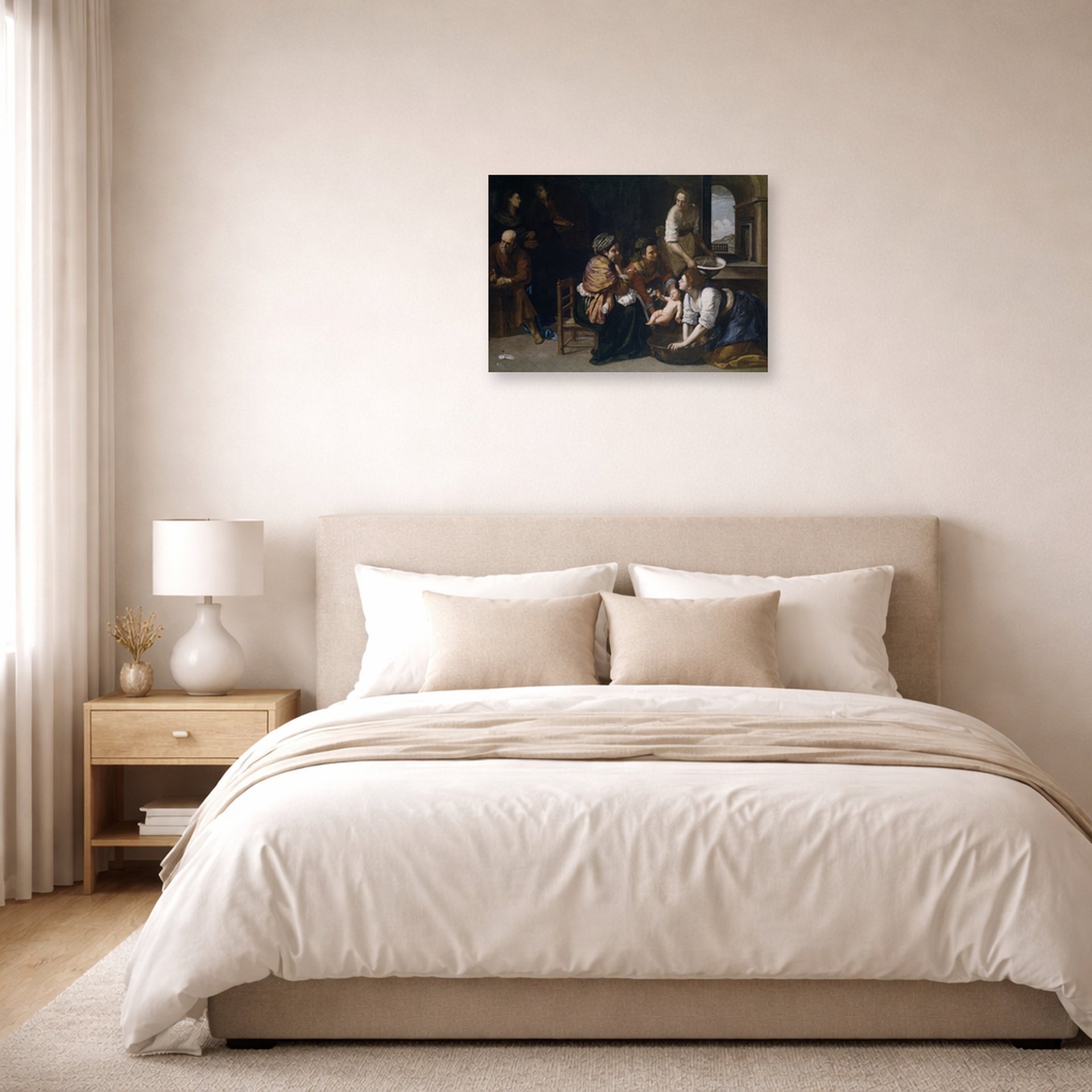 Unframed poster print of Artemisia Gentileschi's Birth of Saint John the Baptist displayed on a wall in a bedroom