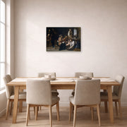Unframed poster print of Artemisia Gentileschi's Birth of Saint John the Baptist displayed on a wall in a dining room