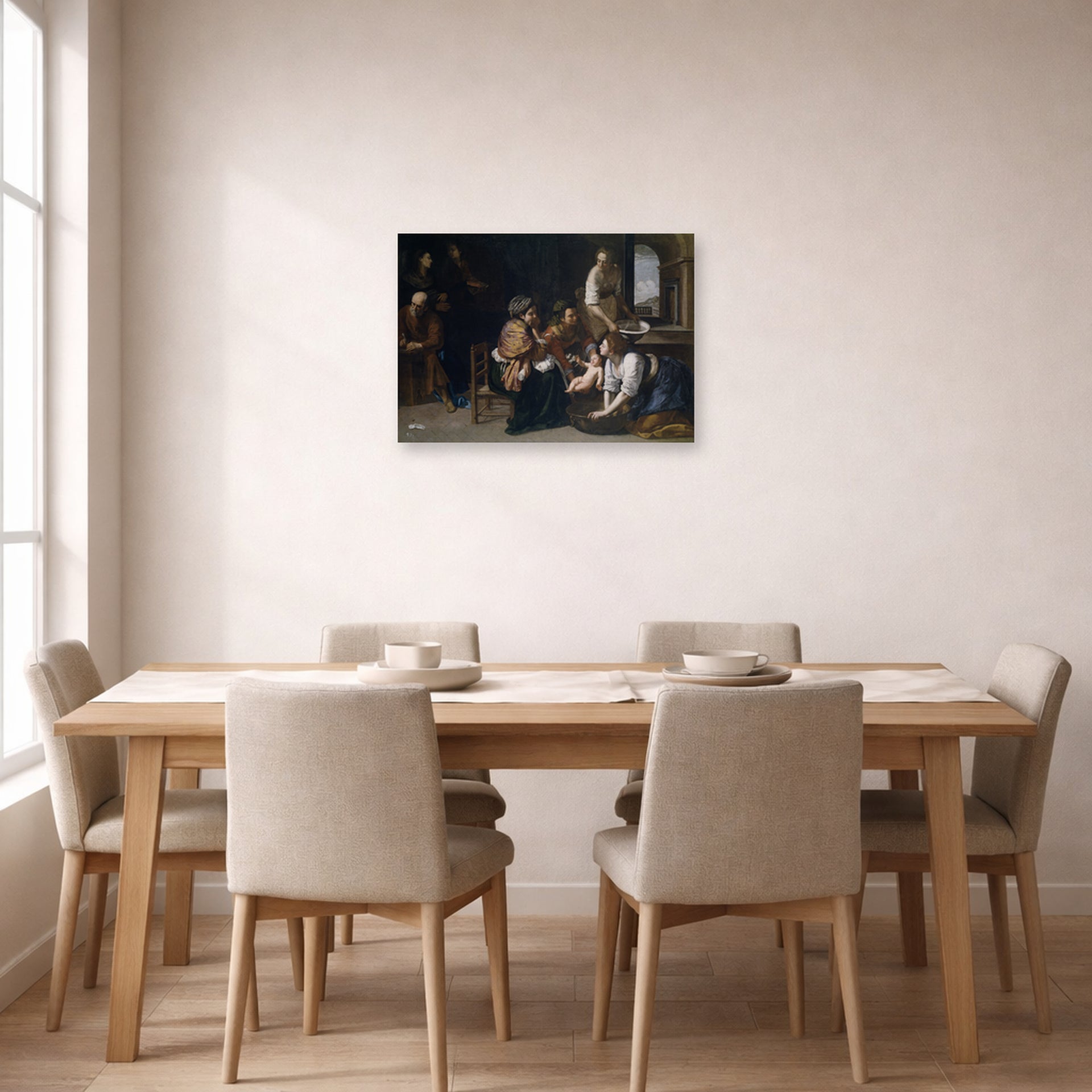 Unframed poster print of Artemisia Gentileschi's Birth of Saint John the Baptist displayed on a wall in a dining room