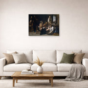 Unframed poster print of Artemisia Gentileschi's Birth of Saint John the Baptist displayed on a wall in a living room