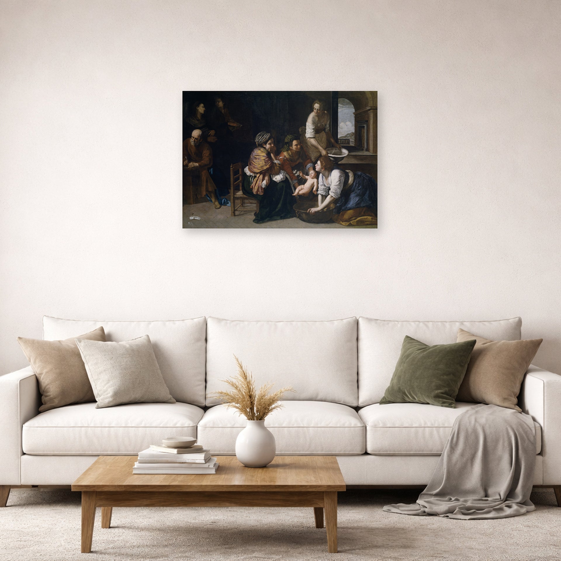 Unframed poster print of Artemisia Gentileschi's Birth of Saint John the Baptist displayed on a wall in a living room