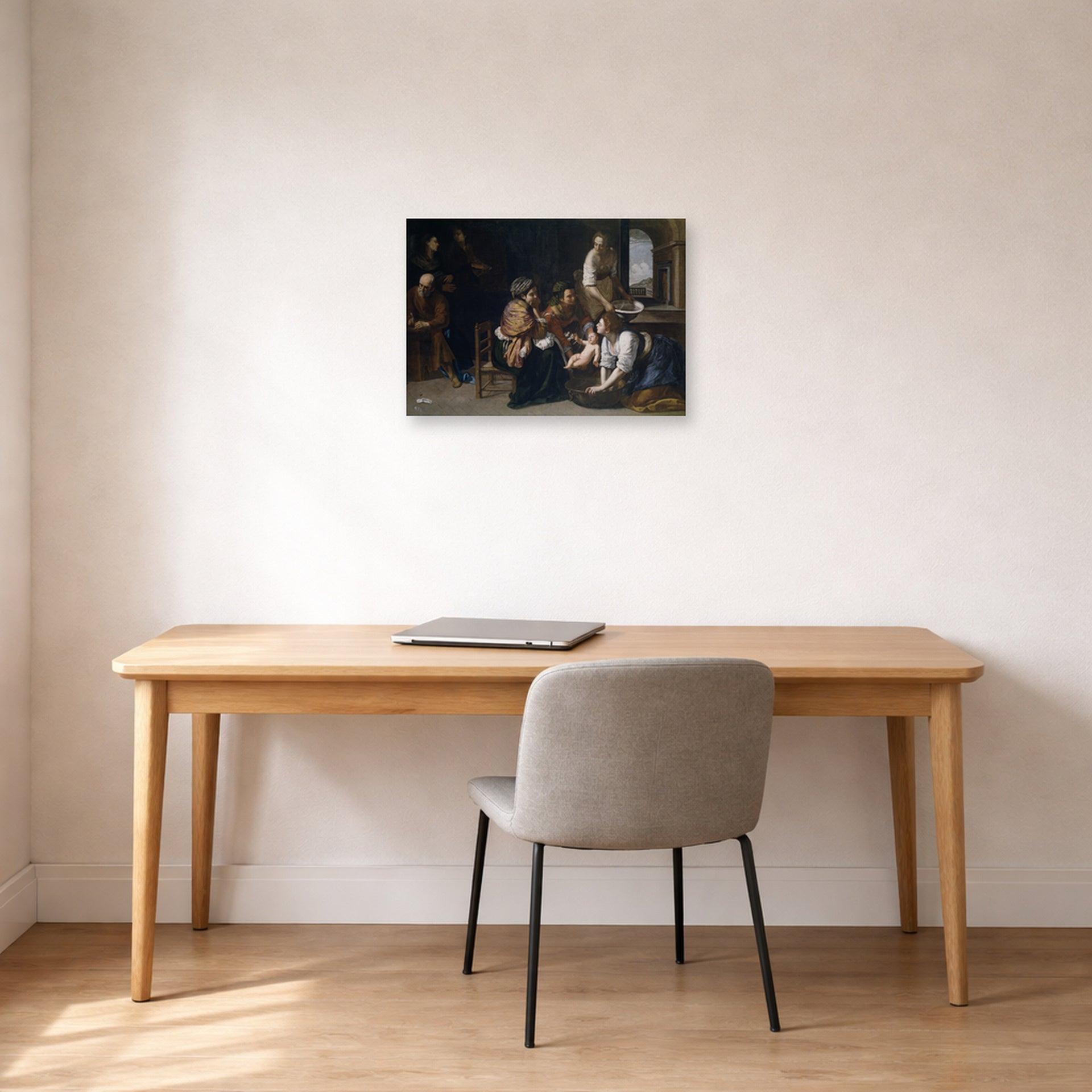 Unframed poster print of Artemisia Gentileschi's Birth of Saint John the Baptist displayed on a wall in a home office