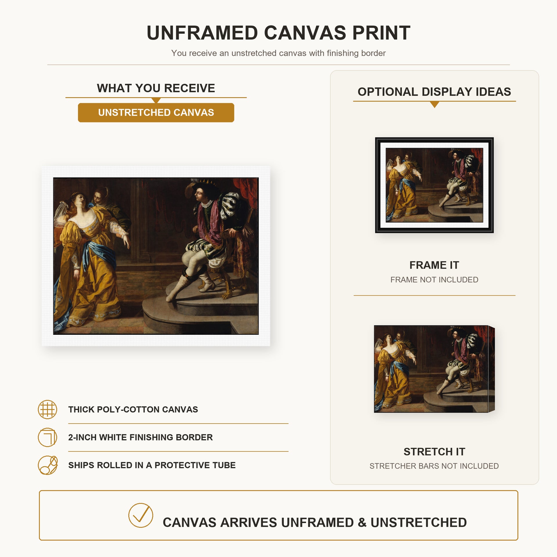 Artemisia Gentileschi - Esther before Ahasuerus canvas print size comparison and framing display infographic