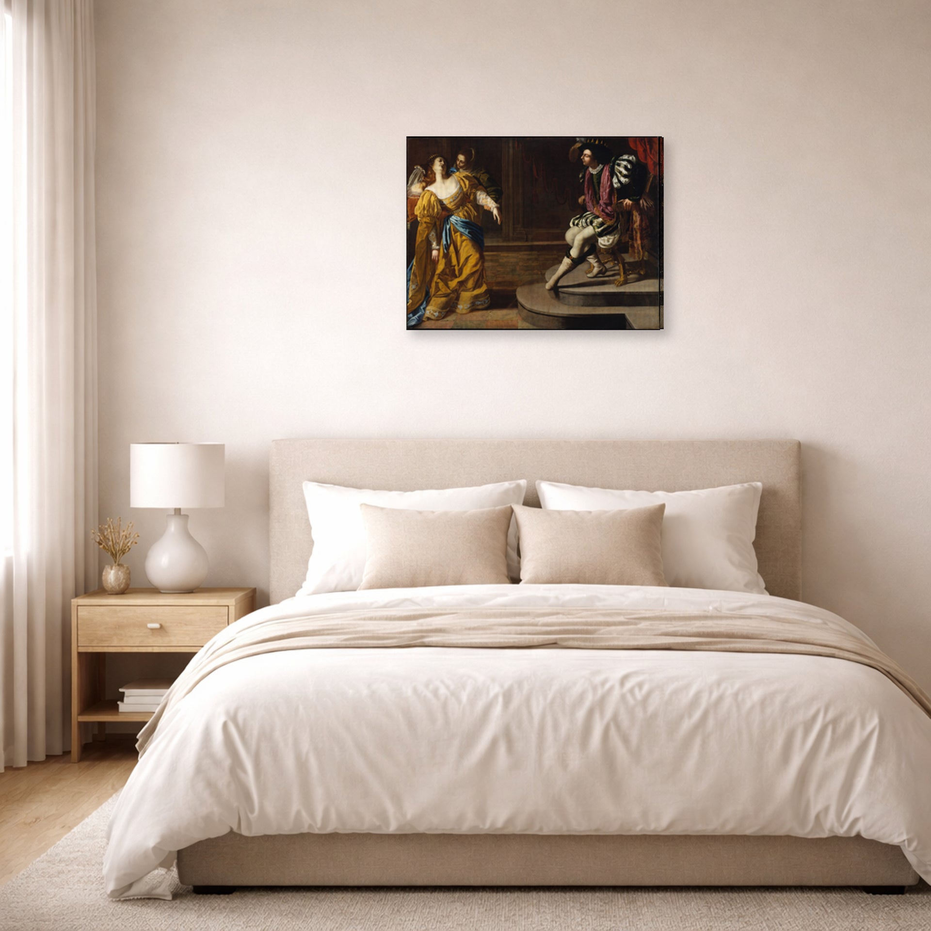 Gallery-wrapped canvas print of Artemisia Gentileschi's Esther before Ahasuerus displayed on a wall in a bedroom