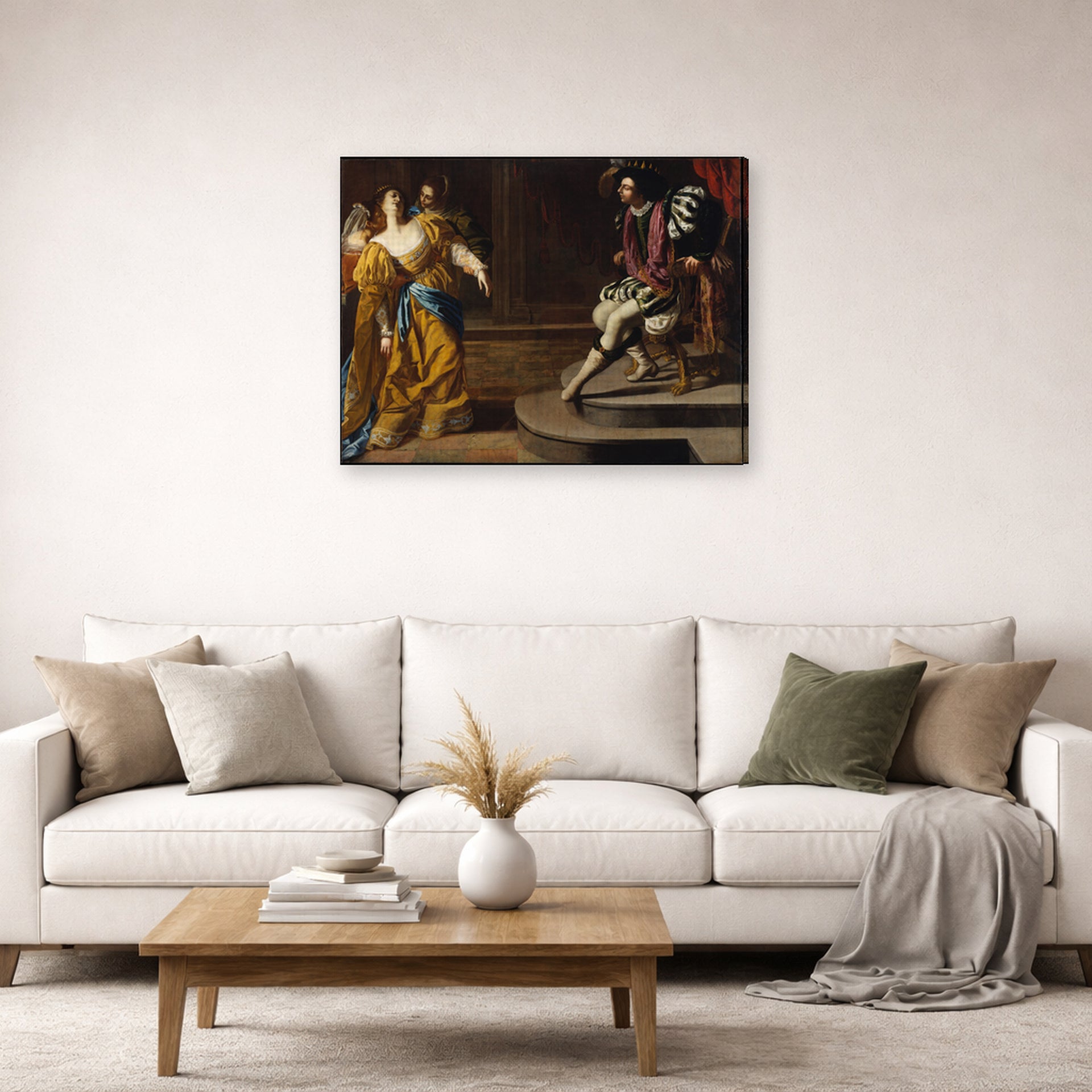 Gallery-wrapped canvas print of Artemisia Gentileschi's Esther before Ahasuerus displayed on a wall in a living room
