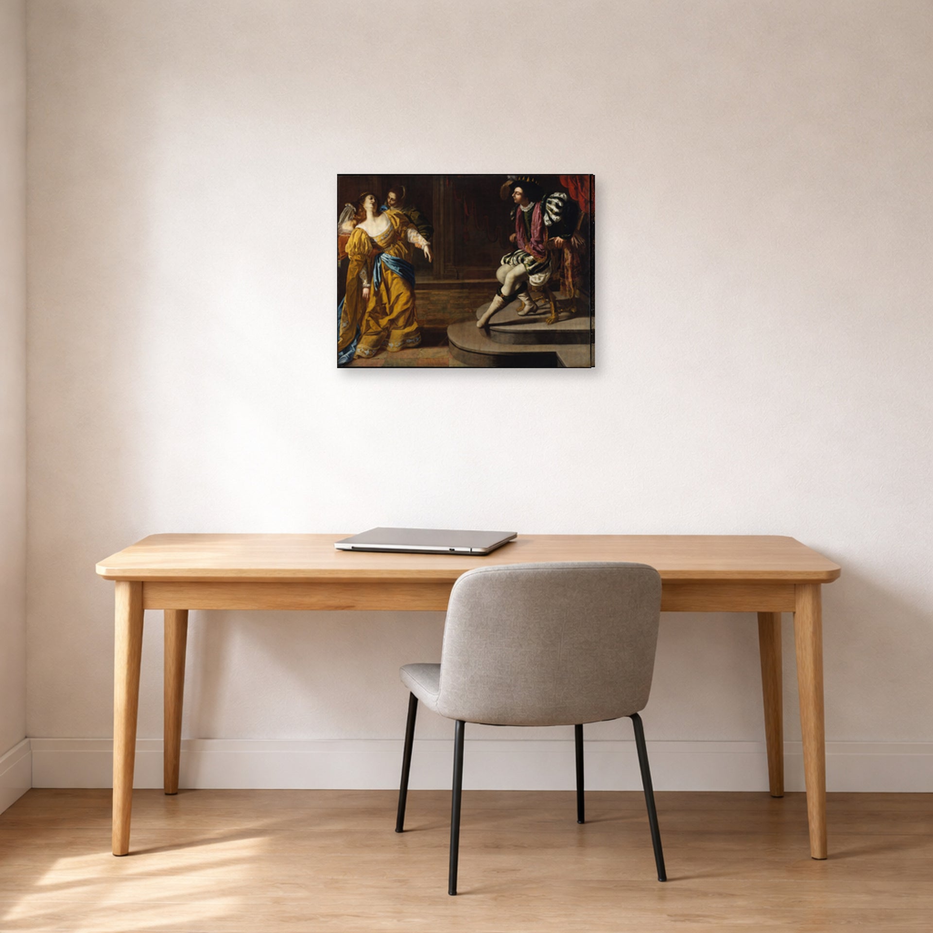 Gallery-wrapped canvas print of Artemisia Gentileschi's Esther before Ahasuerus displayed on a wall in a home office