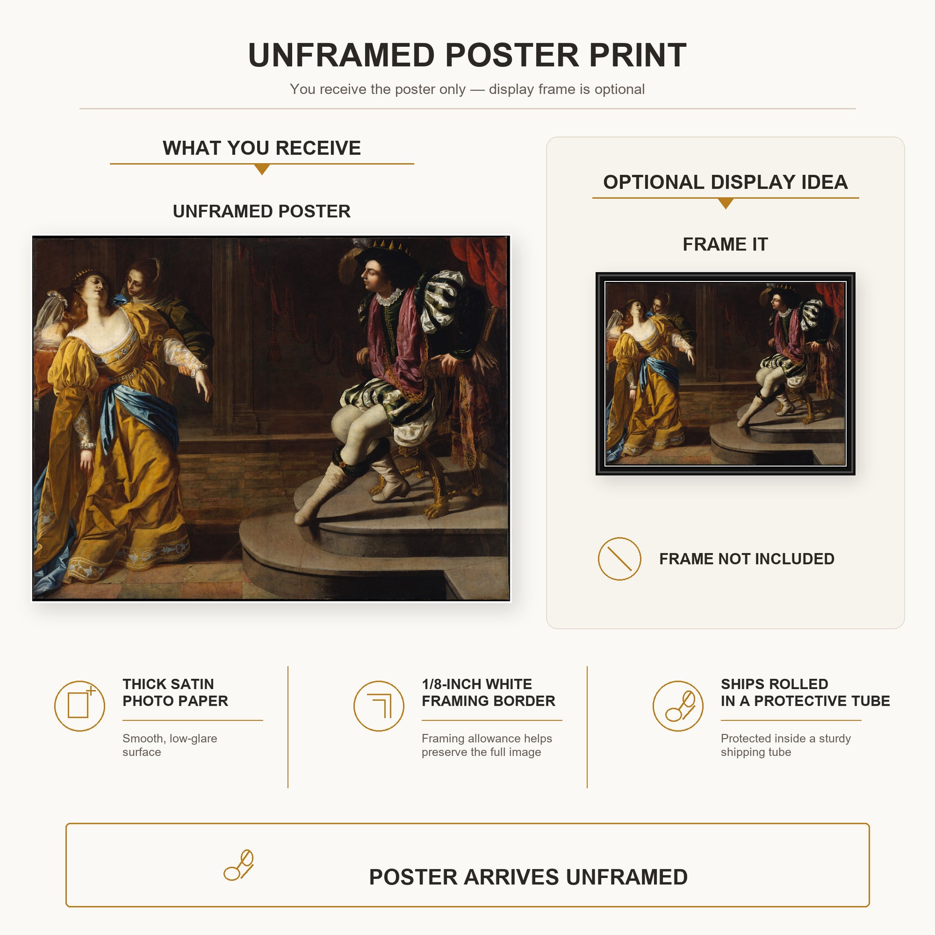 Artemisia Gentileschi - Esther before Ahasuerus poster print size comparison and framing display infographic