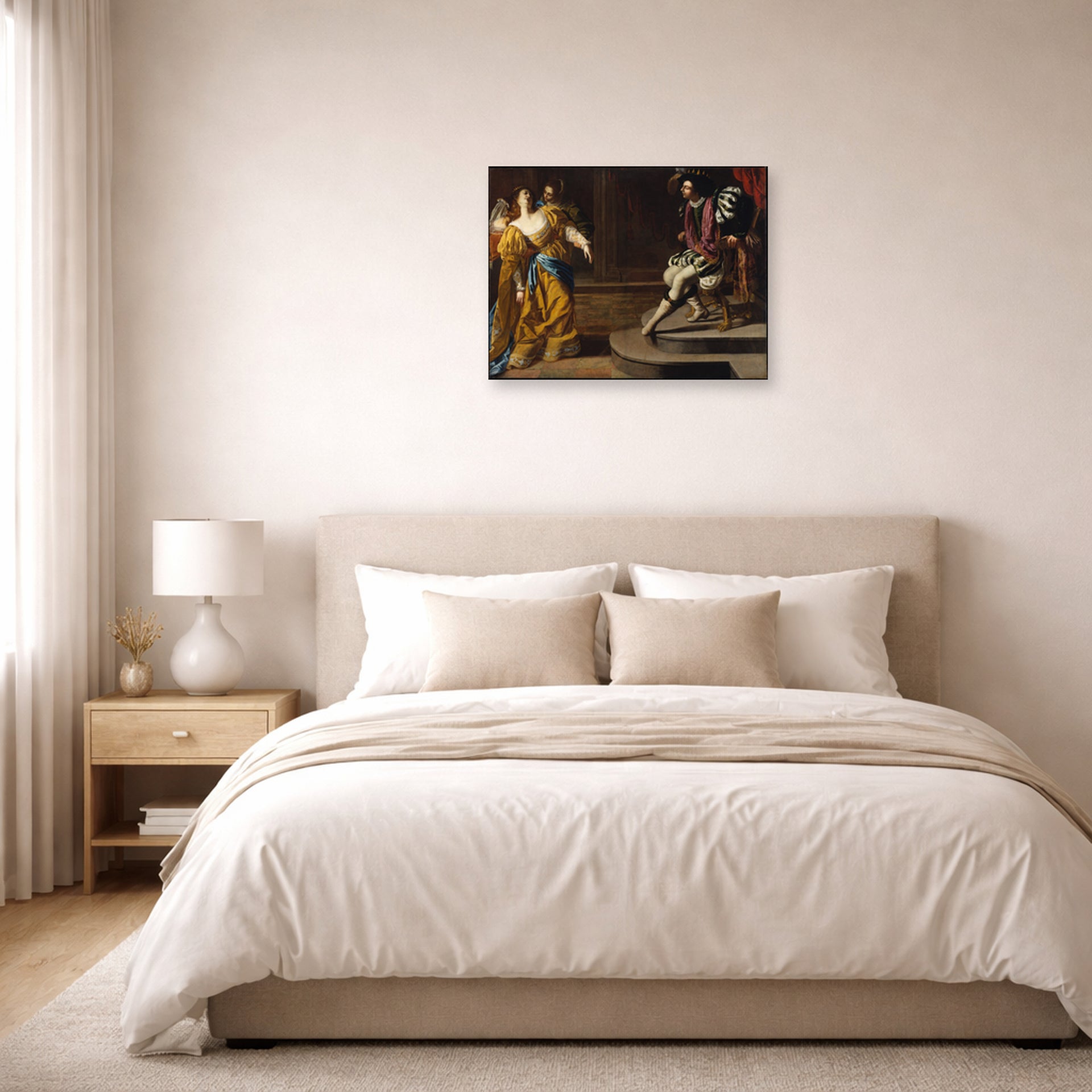 Unframed poster print of Artemisia Gentileschi's Esther before Ahasuerus displayed on a wall in a bedroom