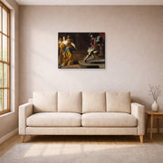 Unframed poster print of Artemisia Gentileschi's Esther before Ahasuerus displayed on a wall in a living room