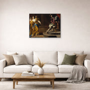 Unframed poster print of Artemisia Gentileschi's Esther before Ahasuerus displayed on a wall in a living room