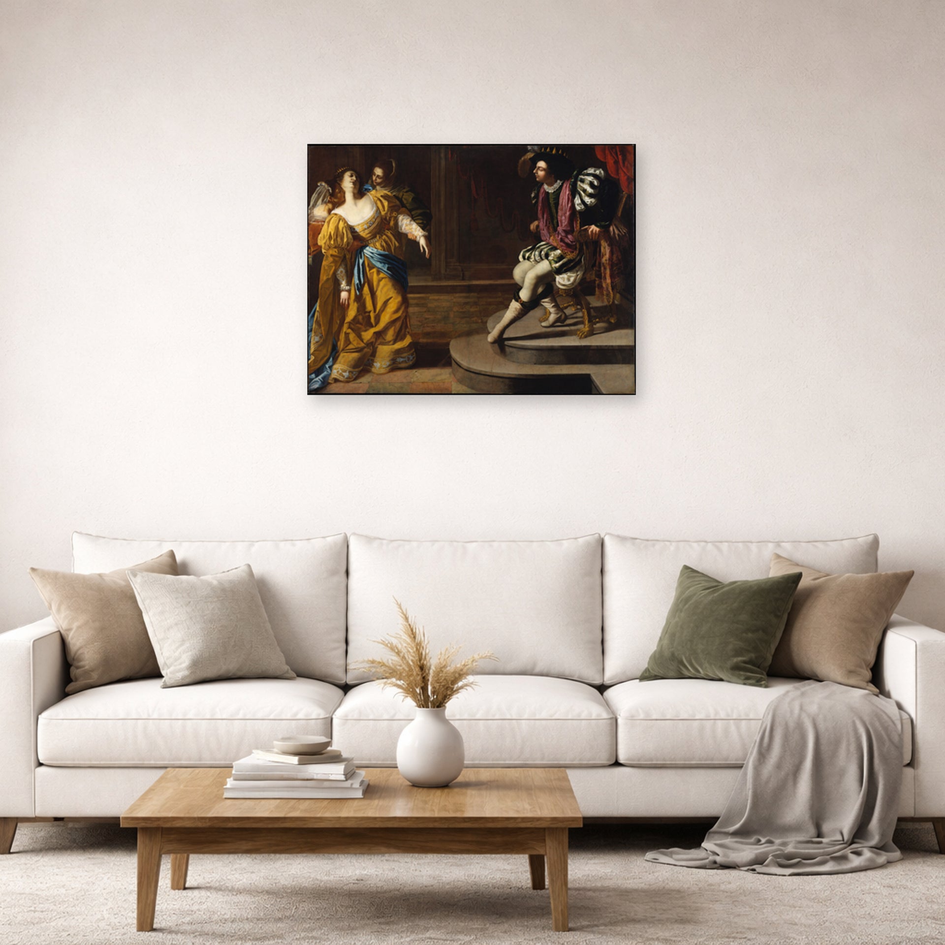 Unframed poster print of Artemisia Gentileschi's Esther before Ahasuerus displayed on a wall in a living room