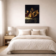 Gallery-wrapped canvas print of Artemisia Gentileschi's Judith Slaying Holofernes displayed on a wall in a bedroom