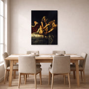 Gallery-wrapped canvas print of Artemisia Gentileschi's Judith Slaying Holofernes displayed on a wall in a dining room