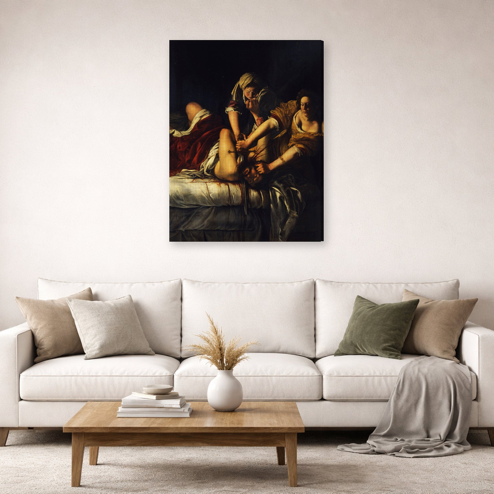 Gallery-wrapped canvas print of Artemisia Gentileschi's Judith Slaying Holofernes displayed on a wall in a living room