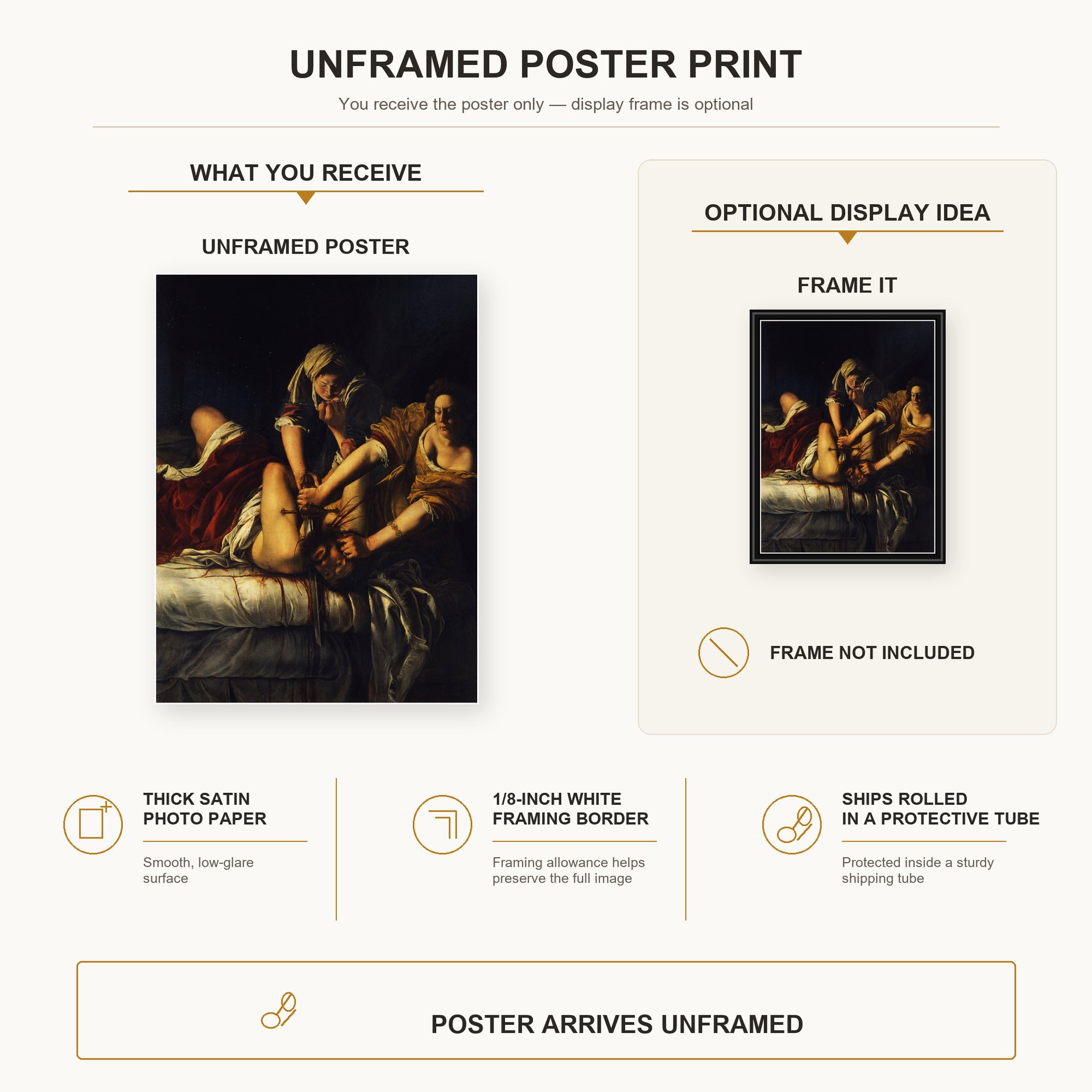 Artemisia Gentileschi - Judith Slaying Holofernes poster print size comparison and framing display infographic