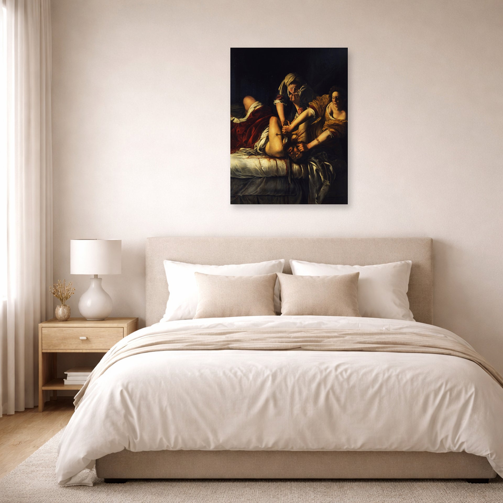 Unframed poster print of Artemisia Gentileschi's Judith Slaying Holofernes displayed on a wall in a bedroom