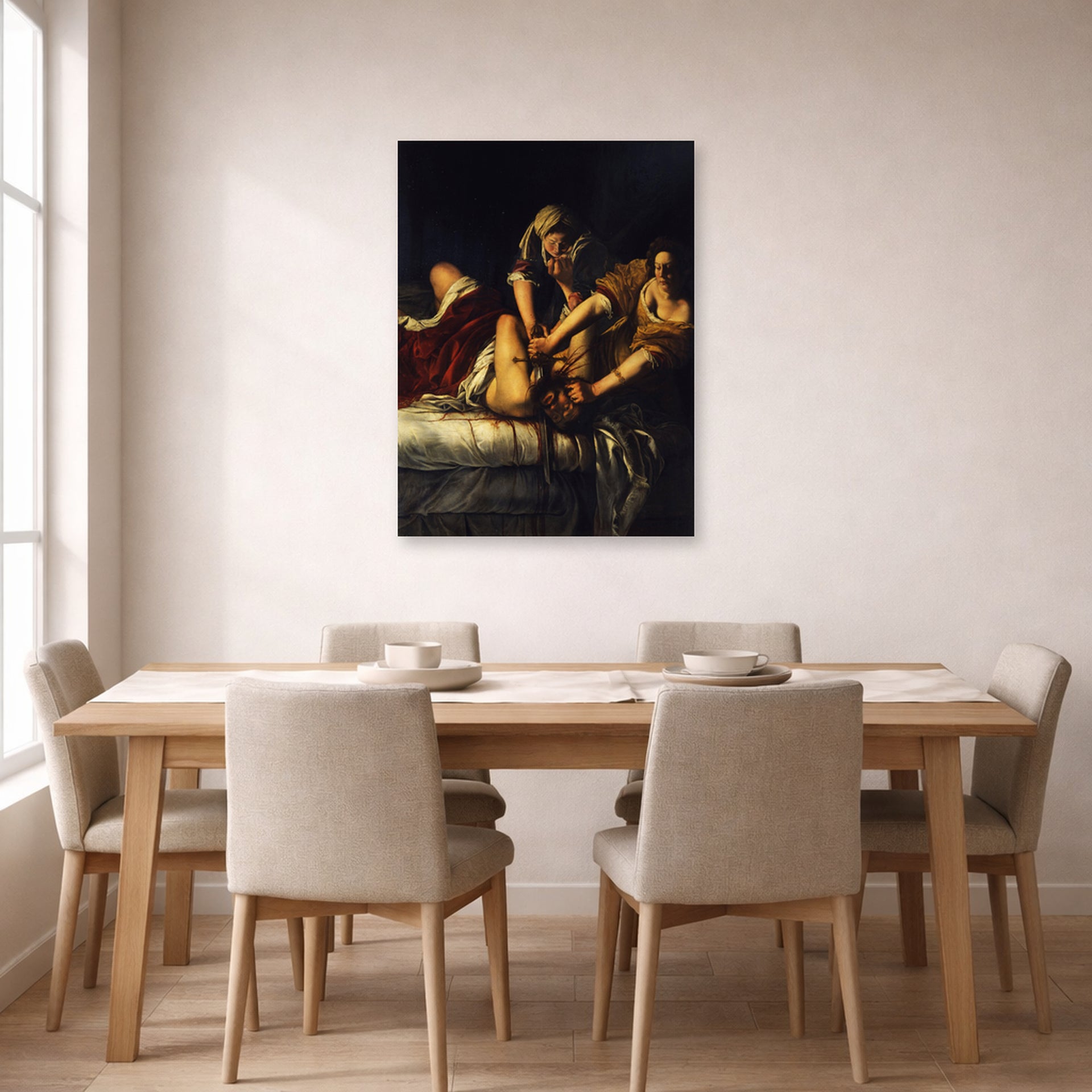 Unframed poster print of Artemisia Gentileschi's Judith Slaying Holofernes displayed on a wall in a dining room