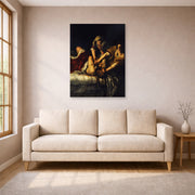 Unframed poster print of Artemisia Gentileschi's Judith Slaying Holofernes displayed on a wall in a living room
