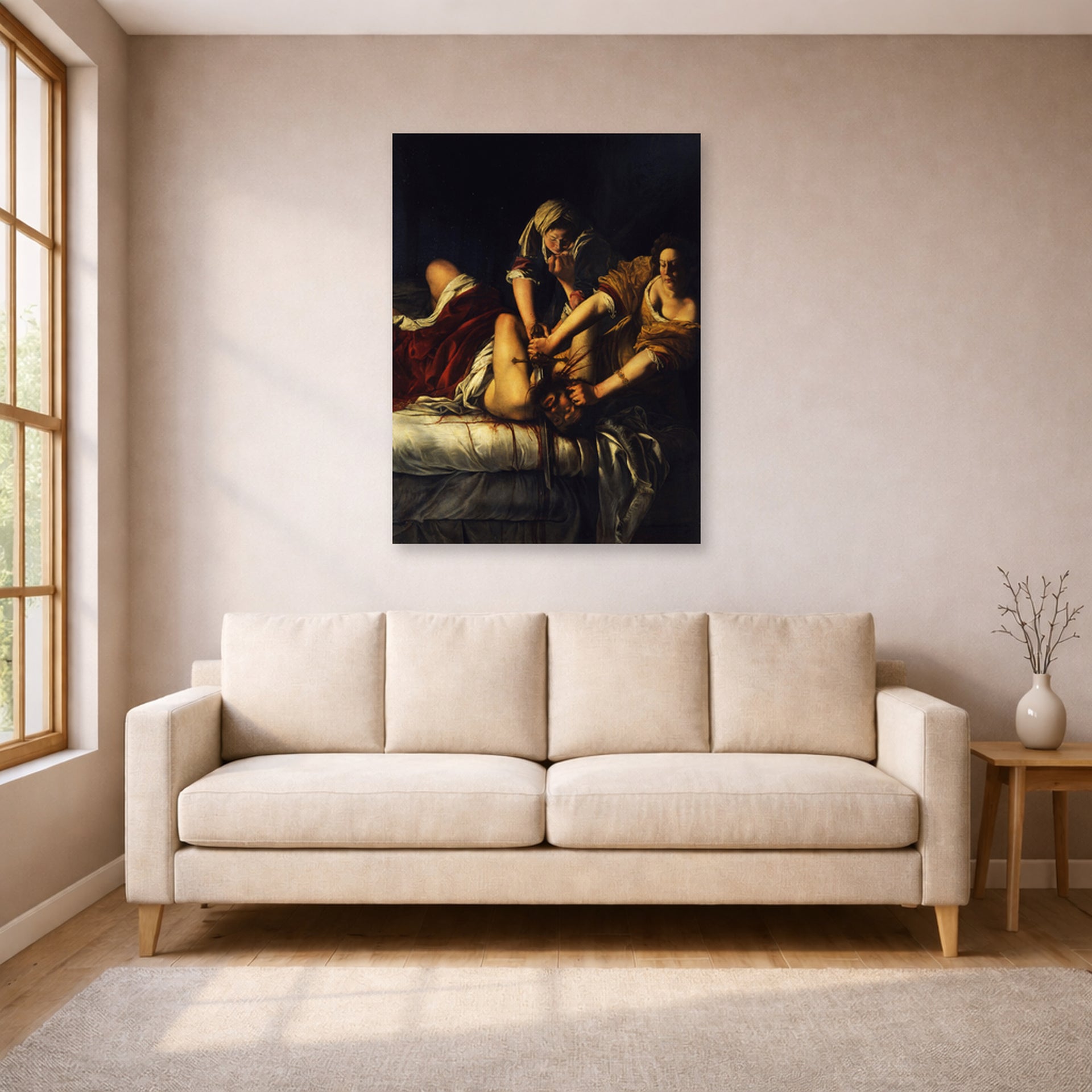 Unframed poster print of Artemisia Gentileschi's Judith Slaying Holofernes displayed on a wall in a living room