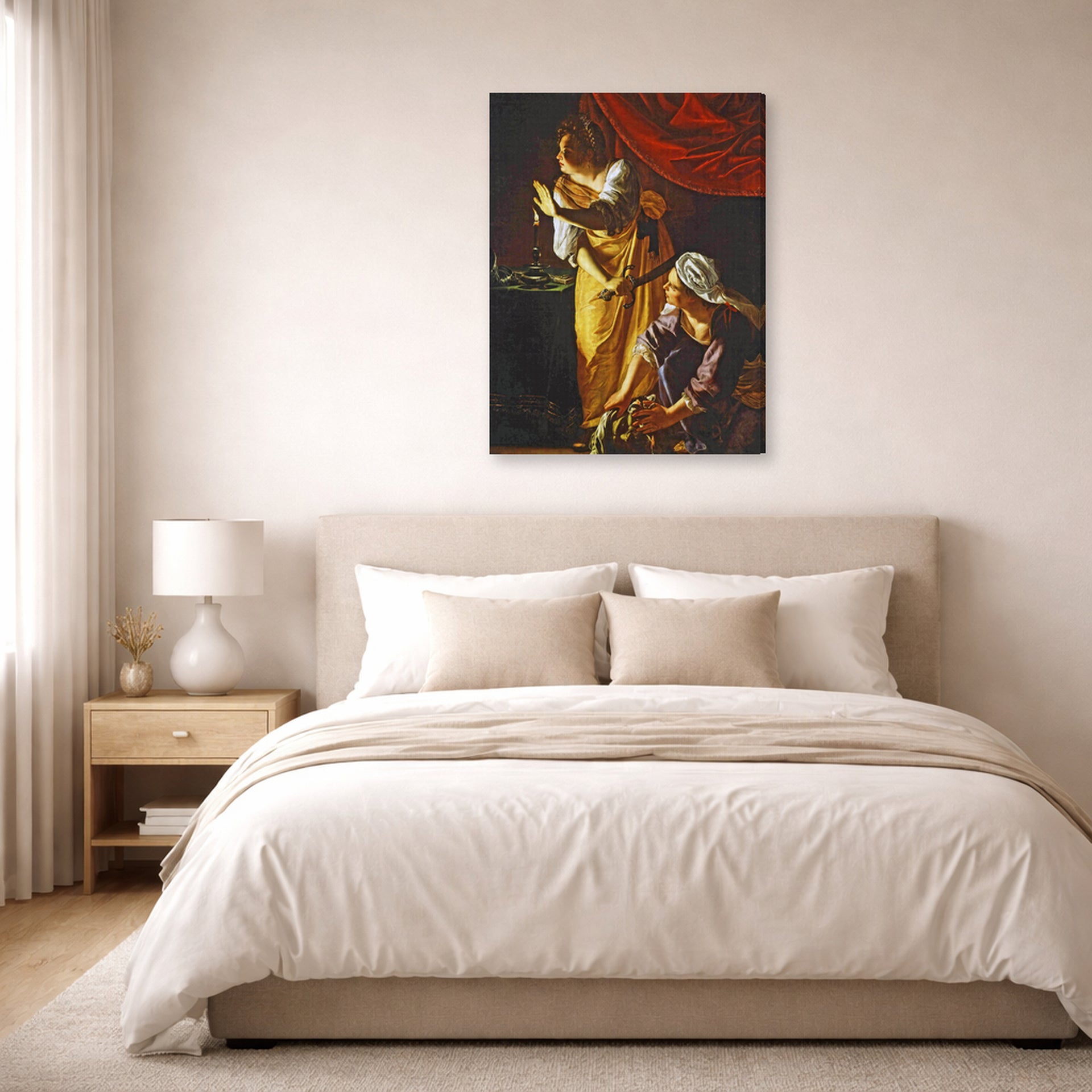 Gallery-wrapped canvas print of Artemisia Gentileschi's Judith with the head of Holofernes displayed on a wall in a bedroom