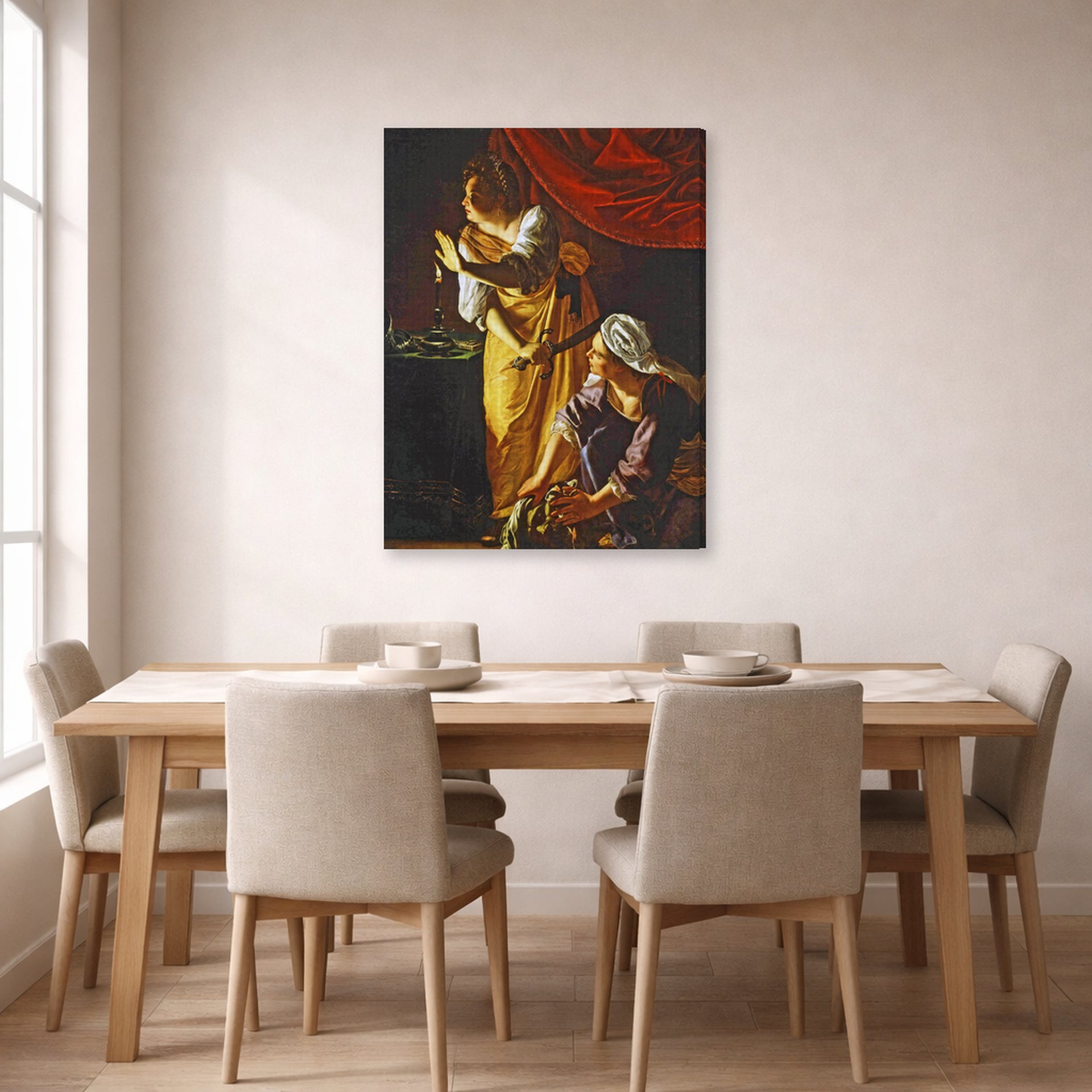 Gallery-wrapped canvas print of Artemisia Gentileschi's Judith with the head of Holofernes displayed on a wall in a dining room