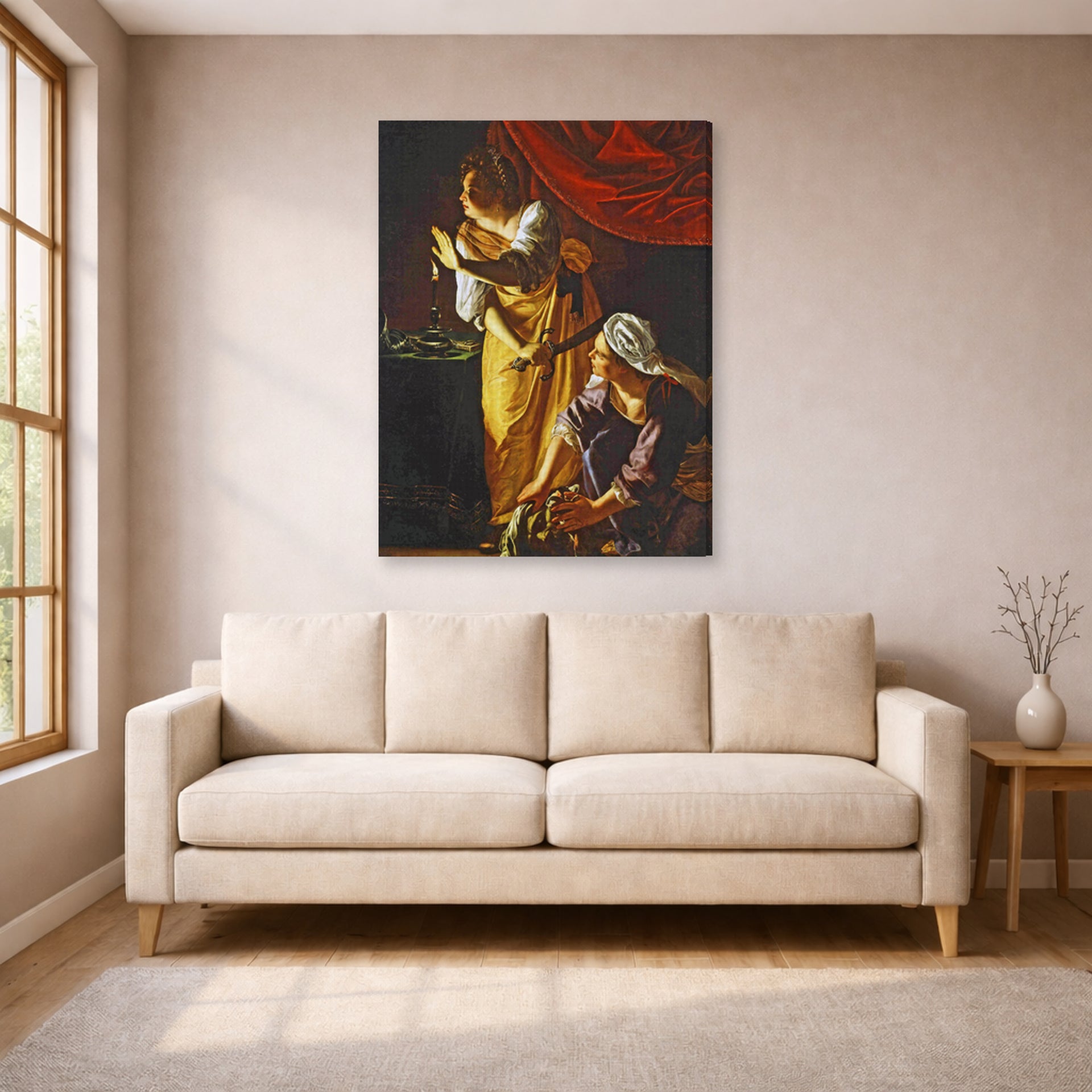 Gallery-wrapped canvas print of Artemisia Gentileschi's Judith with the head of Holofernes displayed on a wall in a living room