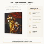 Artemisia Gentileschi - Judith with the head of Holofernes gallery wrap canvas construction and hanging details infographic