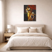 Unframed poster print of Artemisia Gentileschi's Judith with the head of Holofernes displayed on a wall in a bedroom