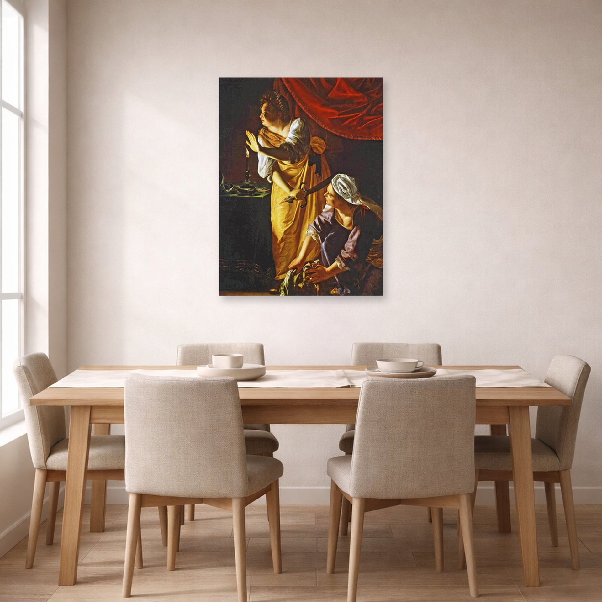 Unframed poster print of Artemisia Gentileschi's Judith with the head of Holofernes displayed on a wall in a dining room