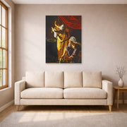 Unframed poster print of Artemisia Gentileschi's Judith with the head of Holofernes displayed on a wall in a living room