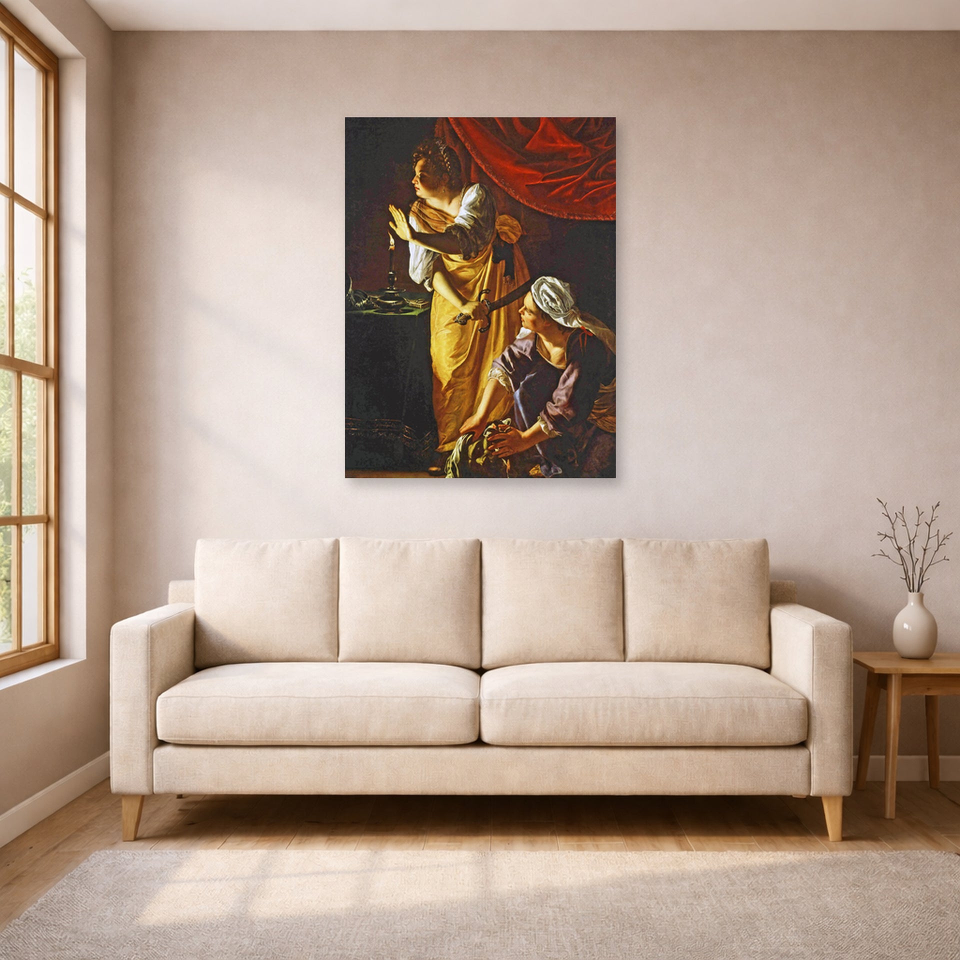 Unframed poster print of Artemisia Gentileschi's Judith with the head of Holofernes displayed on a wall in a living room