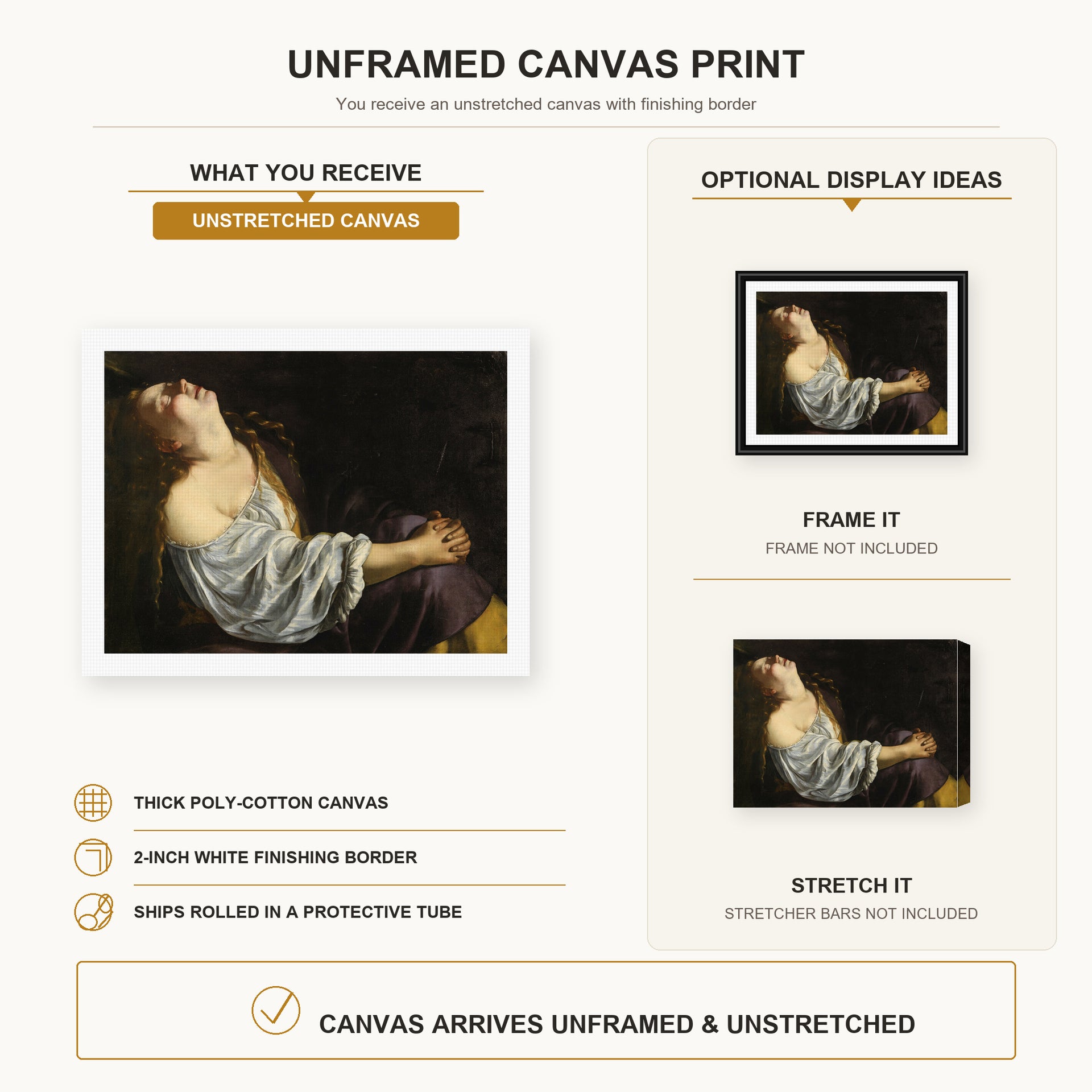 Artemisia Gentileschi - Mary Magdalene In Ecstasy canvas print size comparison and framing display infographic