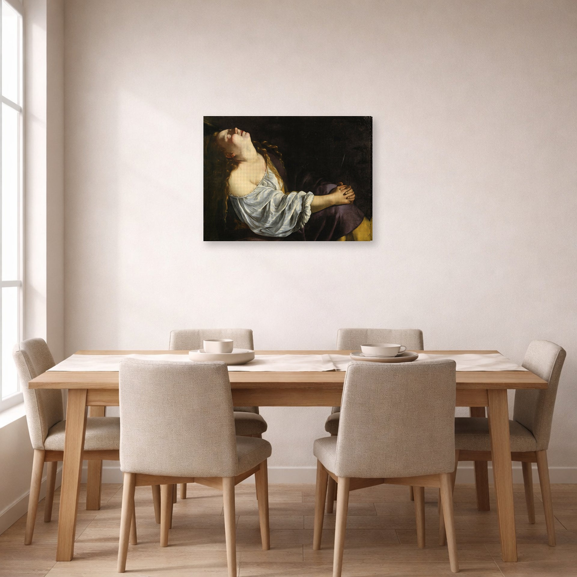 Gallery-wrapped canvas print of Artemisia Gentileschi's Mary Magdalene In Ecstasy displayed on a wall in a dining room