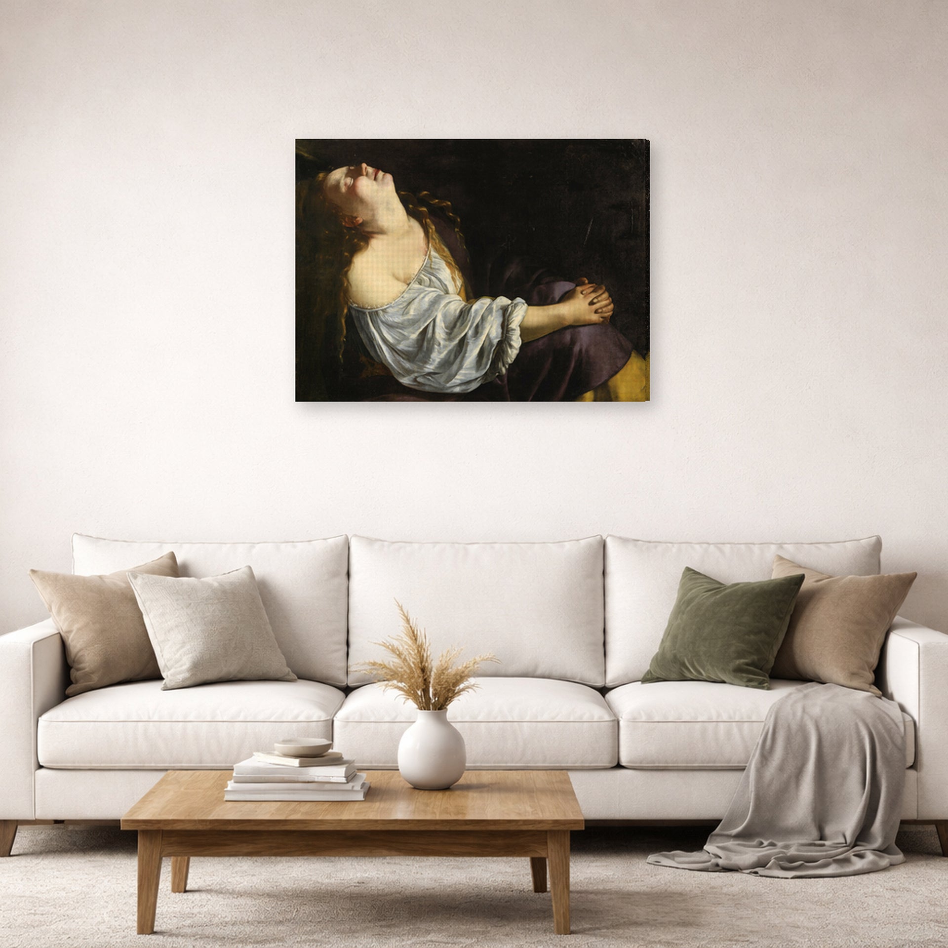 Gallery-wrapped canvas print of Artemisia Gentileschi's Mary Magdalene In Ecstasy displayed on a wall in a living room