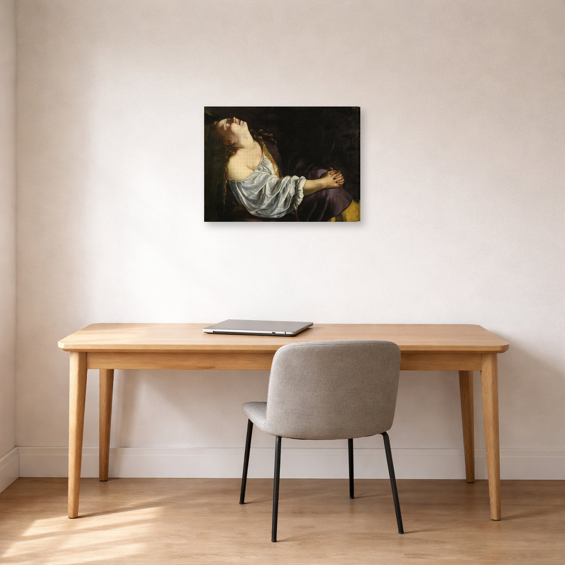 Gallery-wrapped canvas print of Artemisia Gentileschi's Mary Magdalene In Ecstasy displayed on a wall in a home office