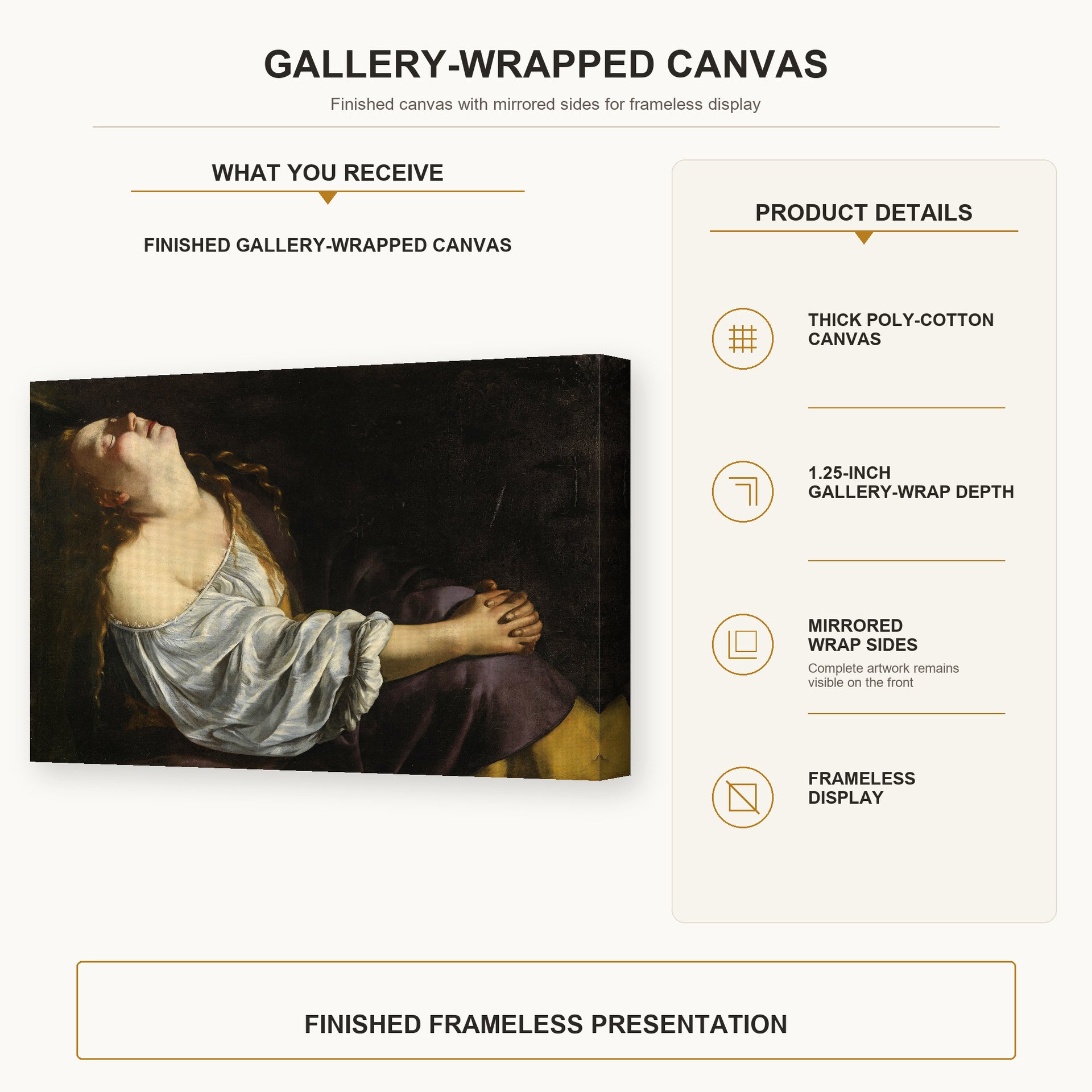 Artemisia Gentileschi - Mary Magdalene In Ecstasy gallery wrap canvas construction and hanging details infographic
