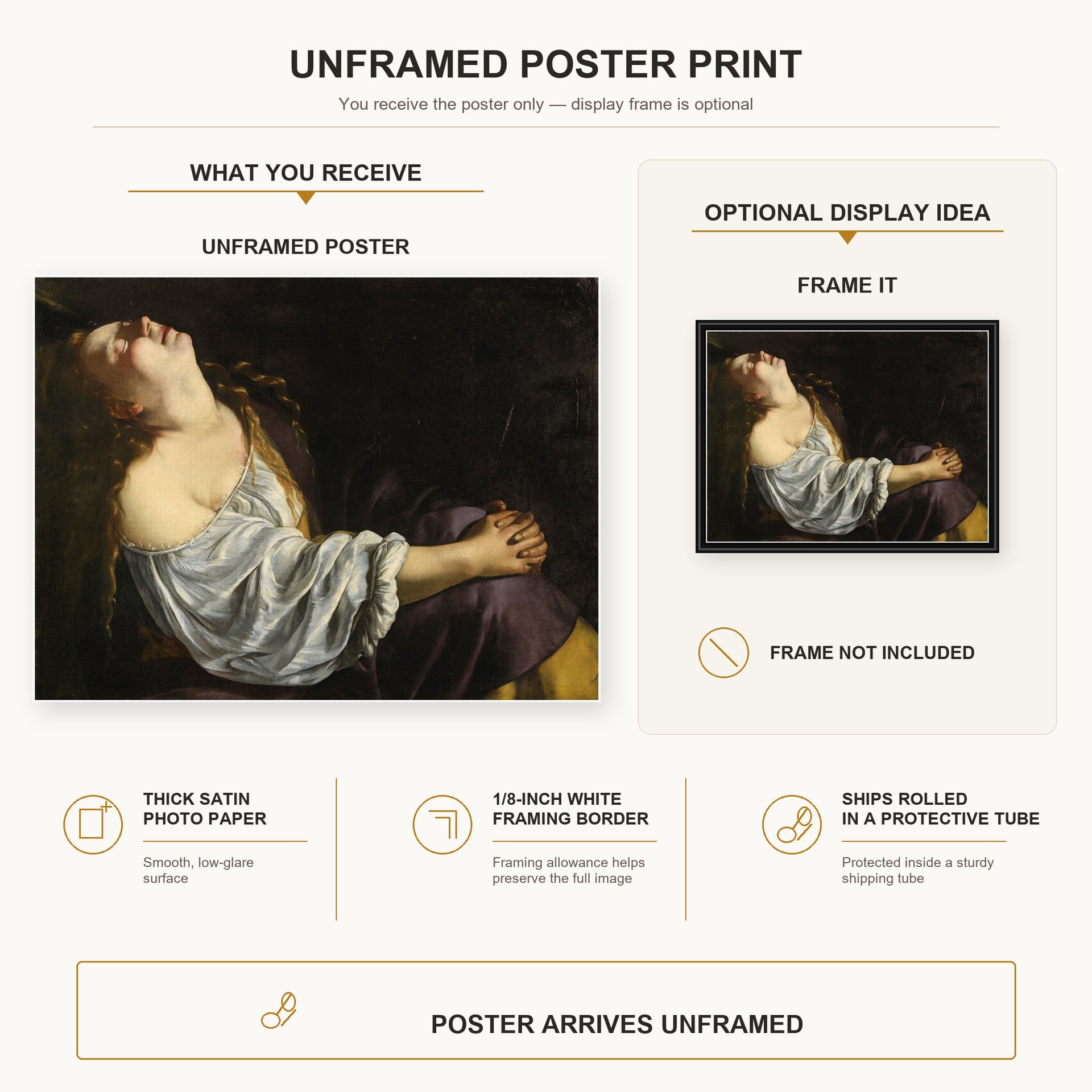 Artemisia Gentileschi - Mary Magdalene In Ecstasy poster print size comparison and framing display infographic